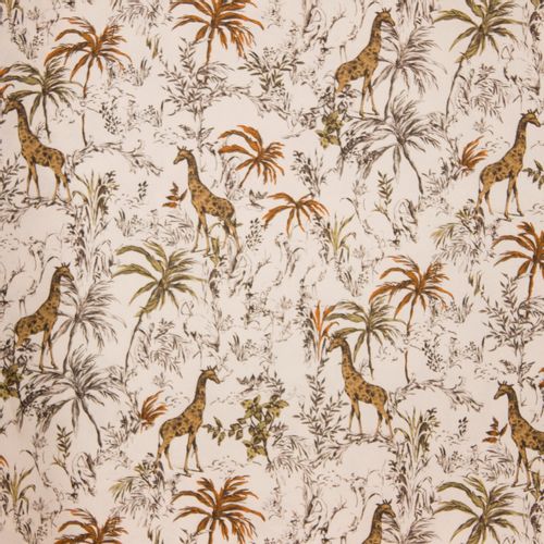 Ecru polyester met giraffen, vogels en exotische planten SAFARI