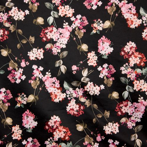 Zwarte gesatineerde polyester katoen elasthane met roze bloemen