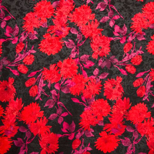 Zwarte gestructureerde polyester elasthane met rode bloemen