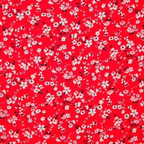 Rode polyester crêpe met bloemen