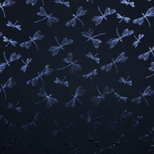 Donkerblauwe katoentricot met weerspiegelende libellen