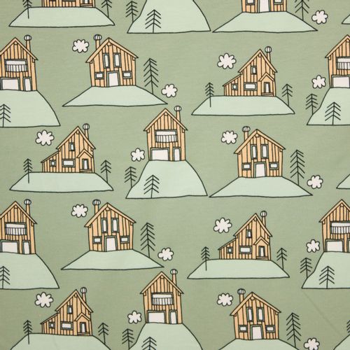 Lichtgroene sweater met figuur van huisjes op een heuvel van Eva Mouton