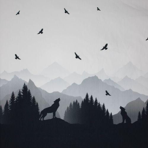 French terry met bergen, wolken en wolven, in zwart - grijs - witte tinten