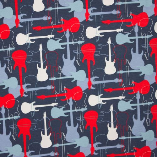 Donkerblauwe tricot met gitaren in blauw, wit en rood van Stenzo