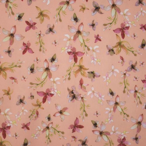 Zalmkleurige rekbare polyester met bloemen motief  uit 'Stitched By You' en 'My Image'