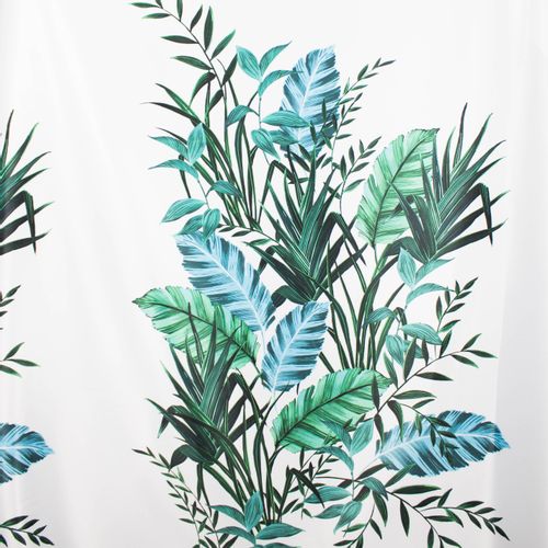 Witte polyester met groen tropisch bladeren motief