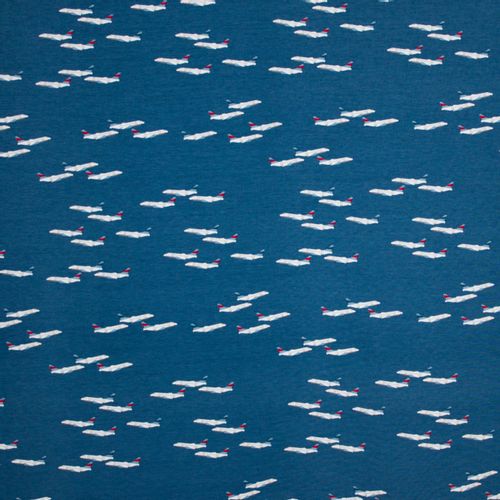 Blauwe tricot met vliegtuigen van 'Megan Blue Fabrics'