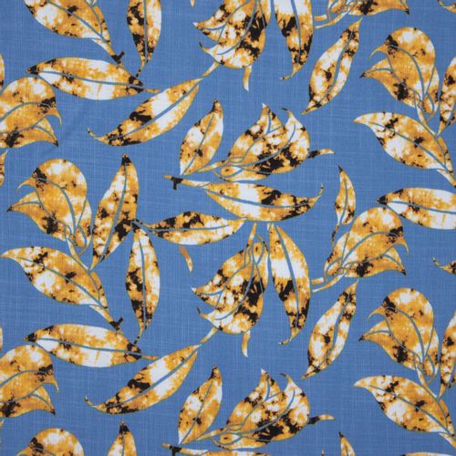 Blauwe viscose tricot met bladeren - stoffen van leuven