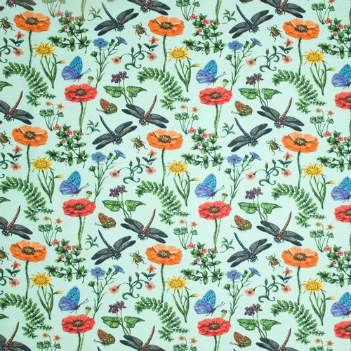 Munt tricot met planten en insecten motief van 'Megan Blue Fabrics'