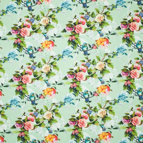 Lichtgroene tricot met rozen en vogels motief van 'Megan Blue Fabrics'