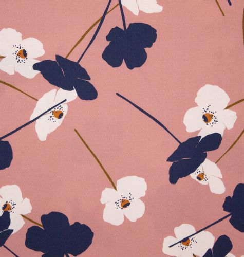 Roze viscose met bloemen in blauw en wit van Atelier Jupe - stoffen van leuven