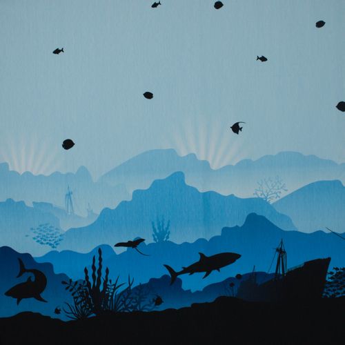 Tricot paneel  met oceaan print in blauw, zwart, wit en grijs