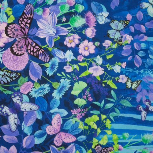 Blauwe Katoen met Vlinders en Bloemen