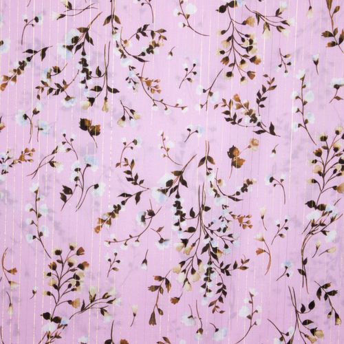 Roze viscose met bloemen en gouden strepen  - stoffen van leuven