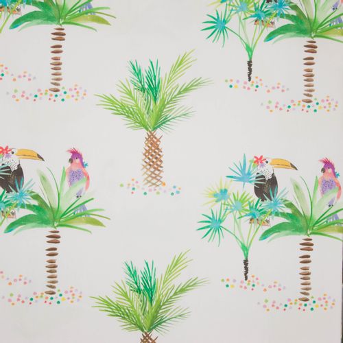 Witte polyester / katoen mengeling met palmbomen, toekans en papegaaien motief