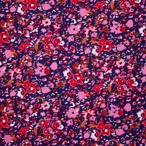 Blauwe viscose tricot met rode en roze bloemen - stoffen van leuven