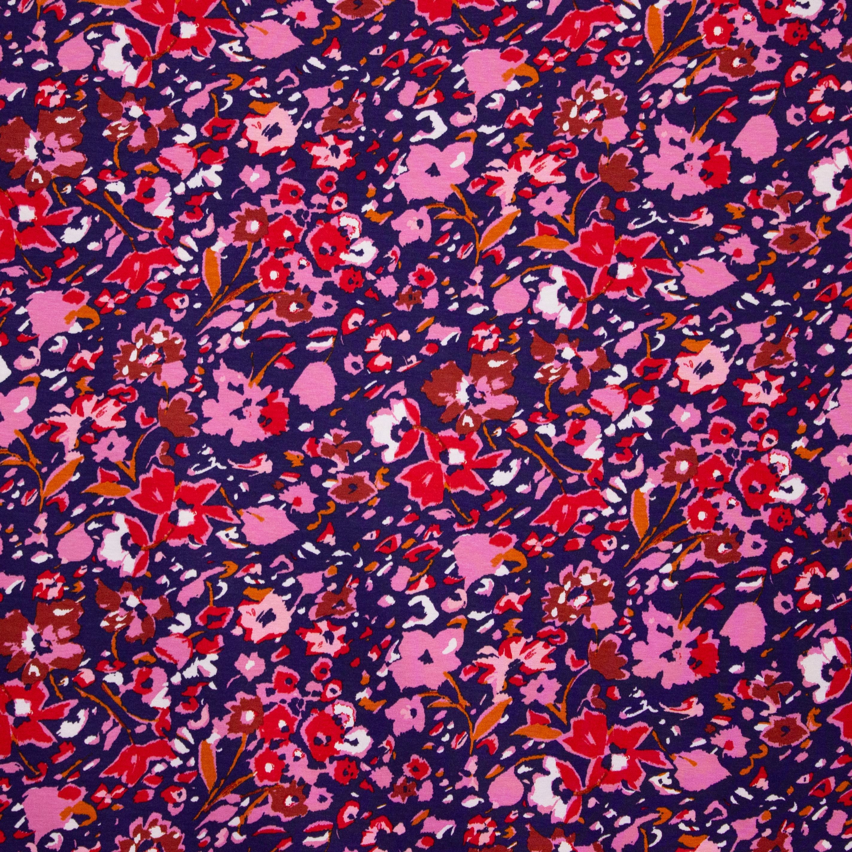 Blauwe viscose tricot met rode en roze bloemen