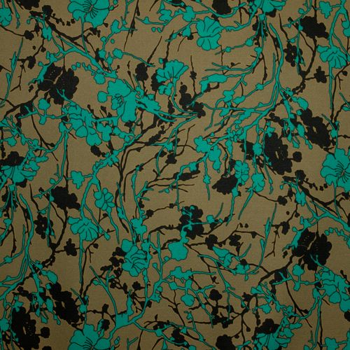 Kaki Polyester Stretch met Turquoise Patroon