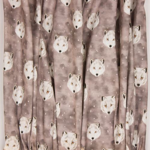 Gevlekte grijze tricot met wolvenkopjes van "Family Fabrics"