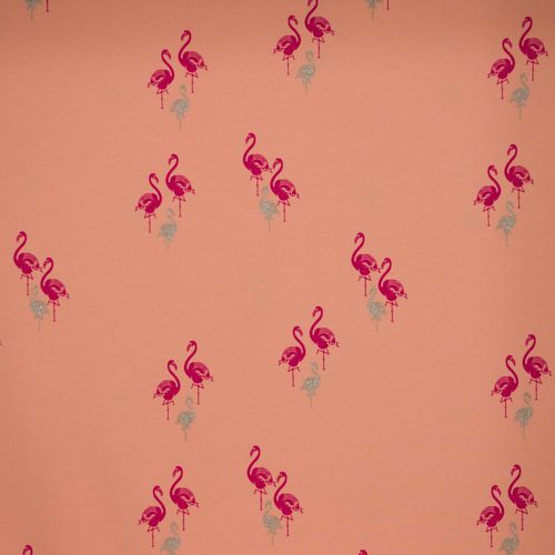 Zalmroze katoentricot met flamingo's