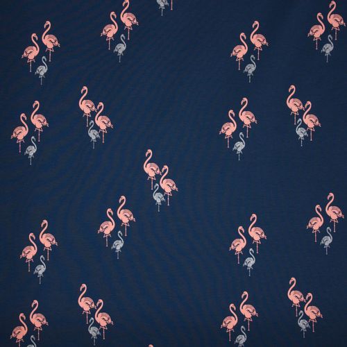 Donkerblauwe katoentricot met flamingo's