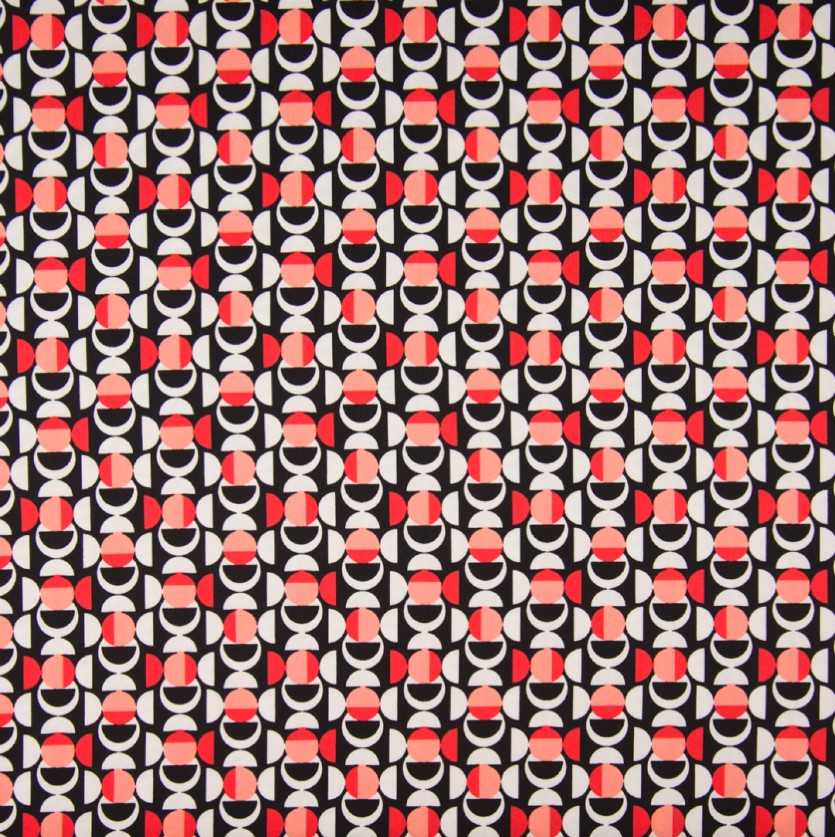 Katoen nylon stretch met cirkelpatronen in rood, wit en zwart