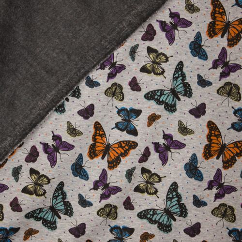 Grijze gemeleerde sweaterstof met vlinders van B - Trendy