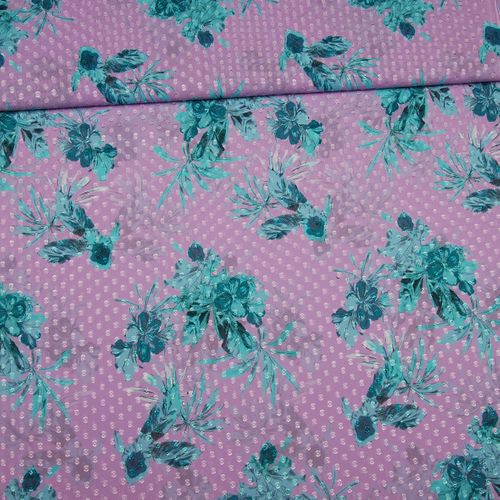 Lila polyester voile met turquoise bloemen van Knipmode - stoffen van leuven