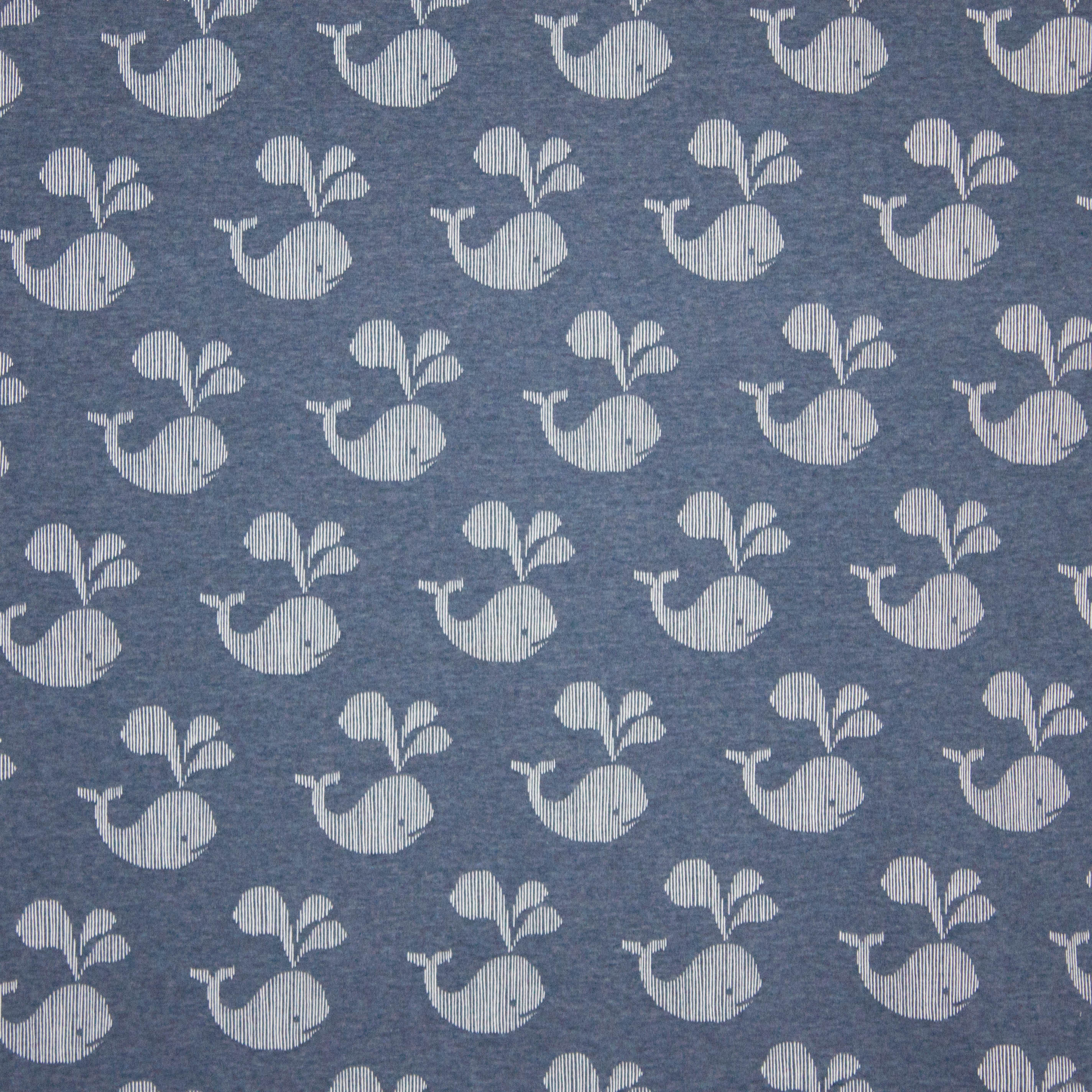sweaterstof in jeansblauw met witte walvisjes