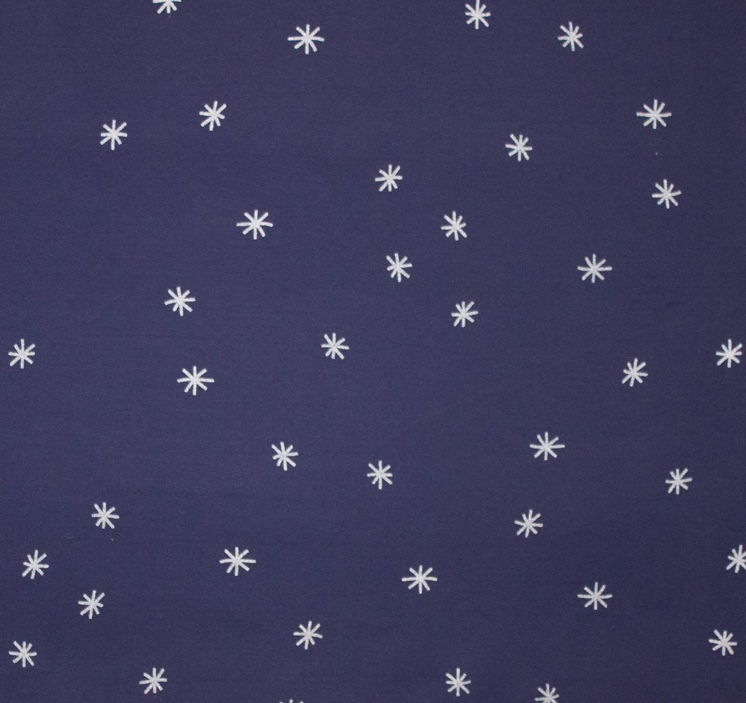 Donkerblauwe sweaterstof met zilveren sterren, en een dun fleece laagje aan de achterkant.