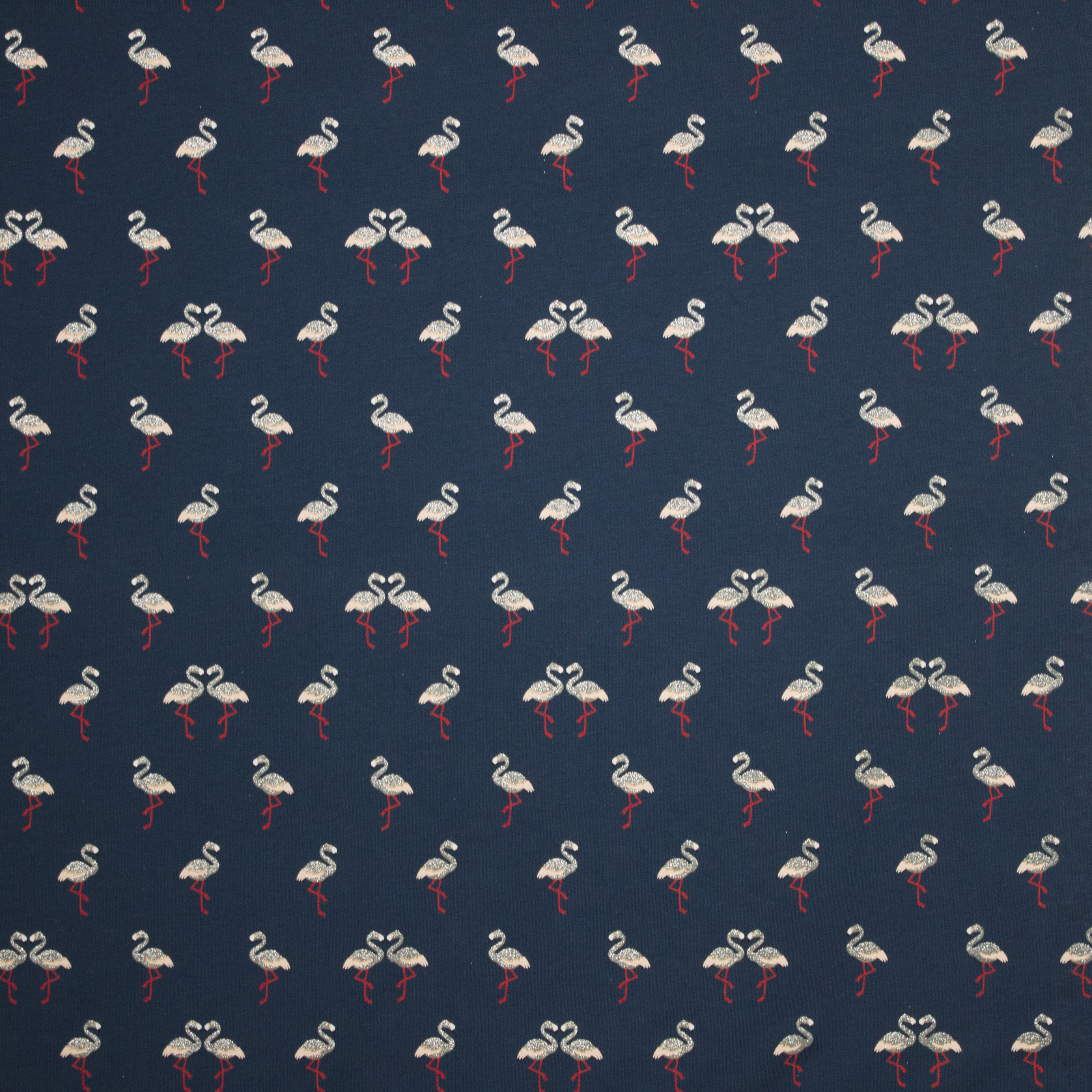 Blauwe tricot met flamingo in glitter