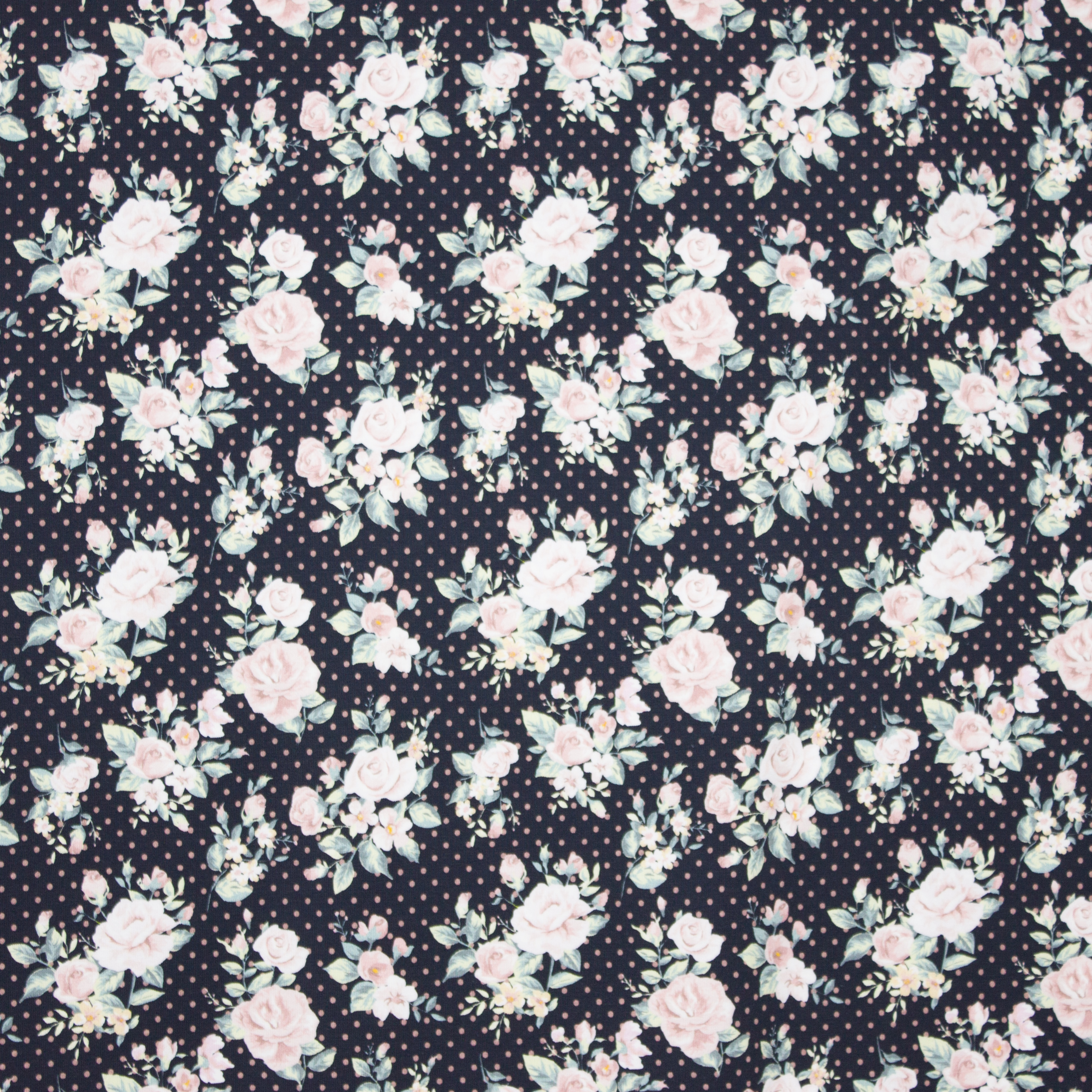katoen tricot  zwarte achtergrond met lichtroze bloemen