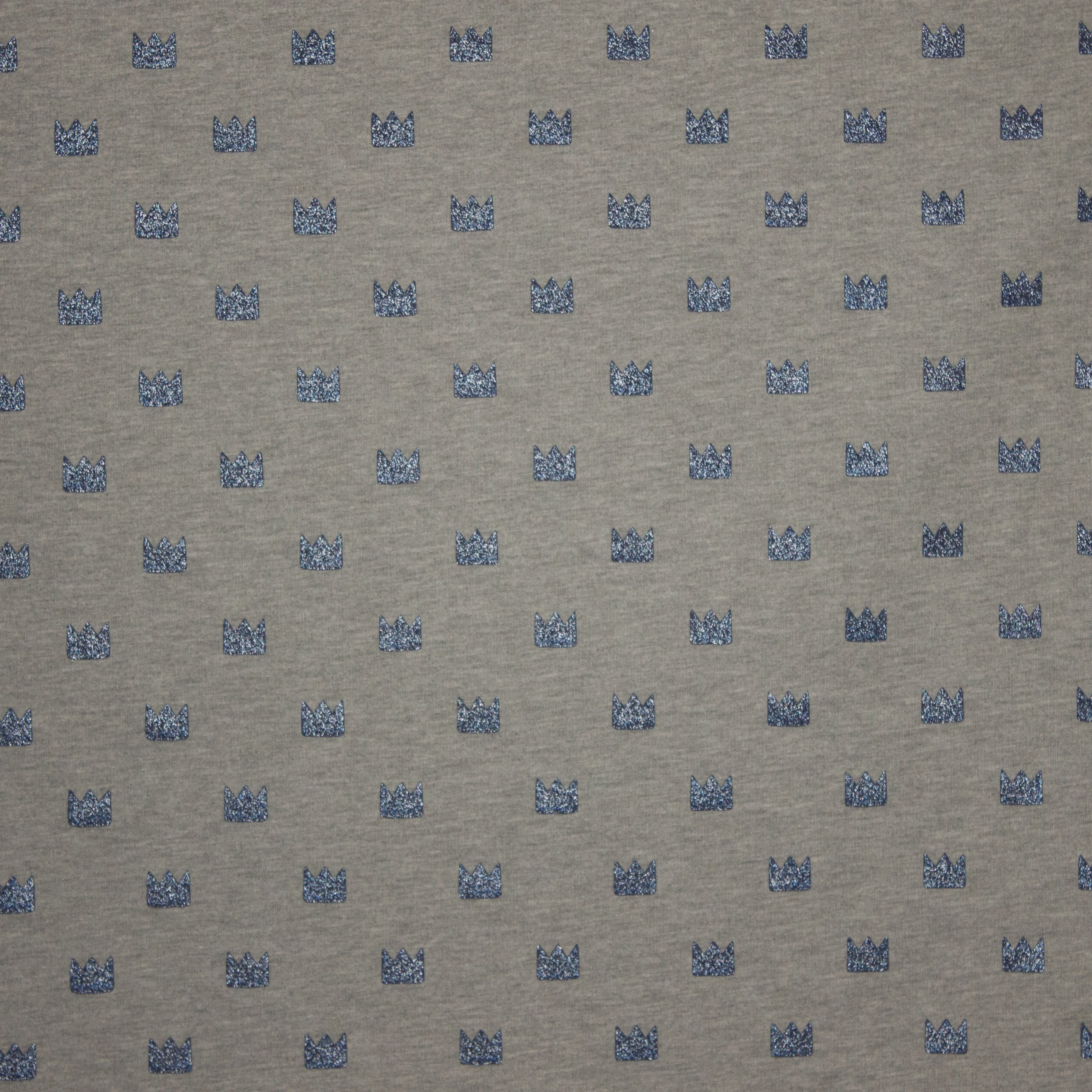 Sweaterstof lichtgrijs met kroontje in blauwe glitter