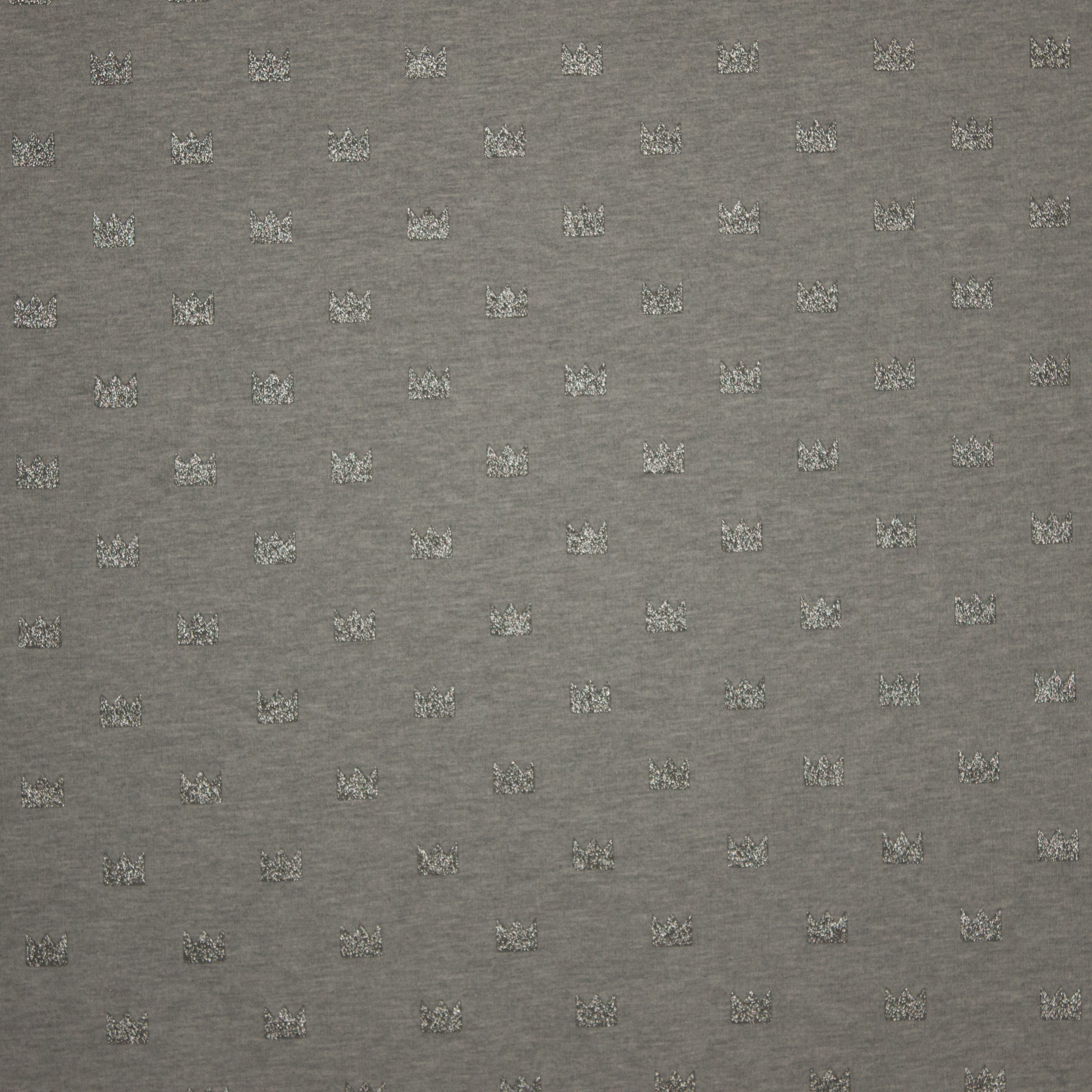 Sweaterstof lichtgrijs met kroontje in zilver glitter