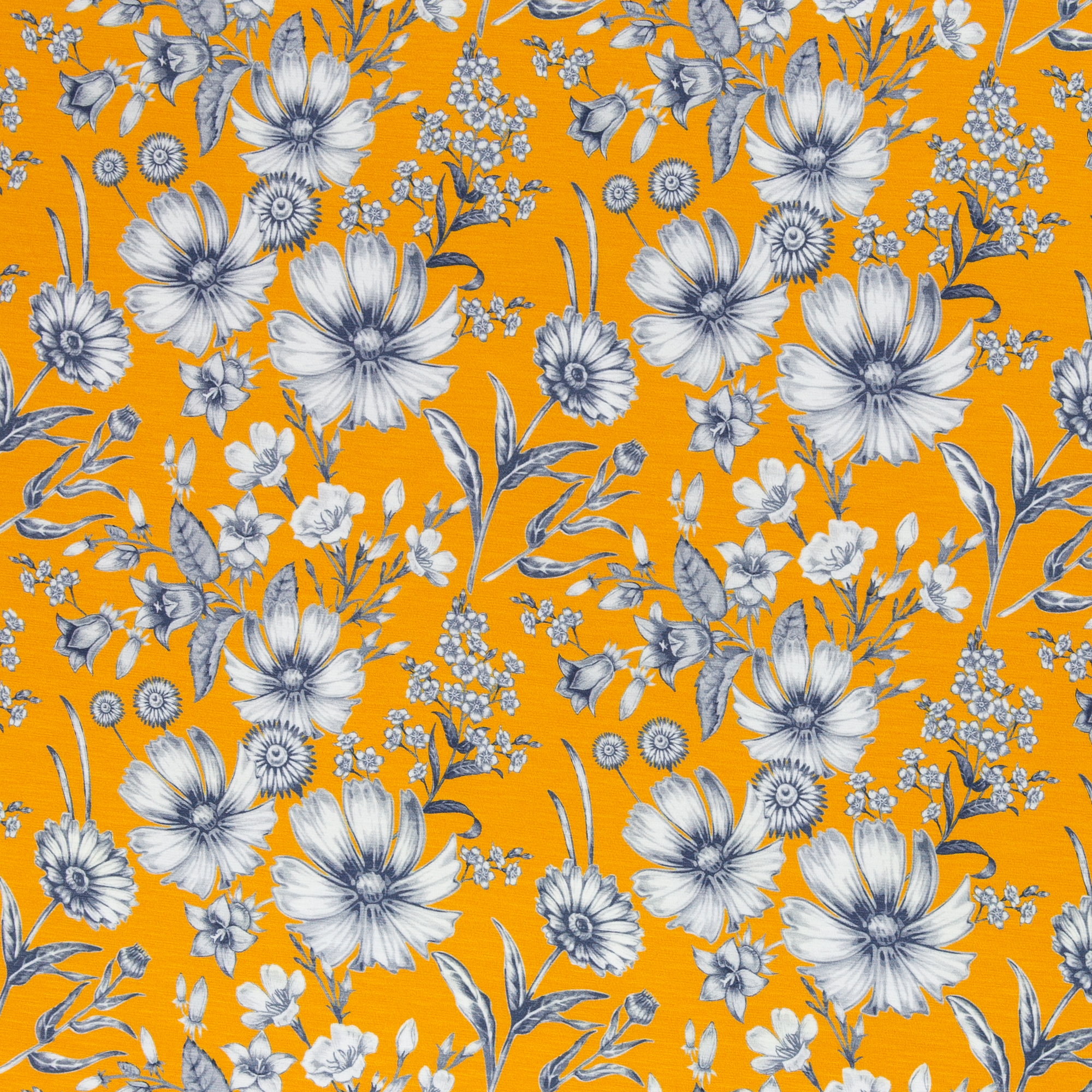 Soepele gemêleerde oker viscose tricot met bloemen 'Merle'