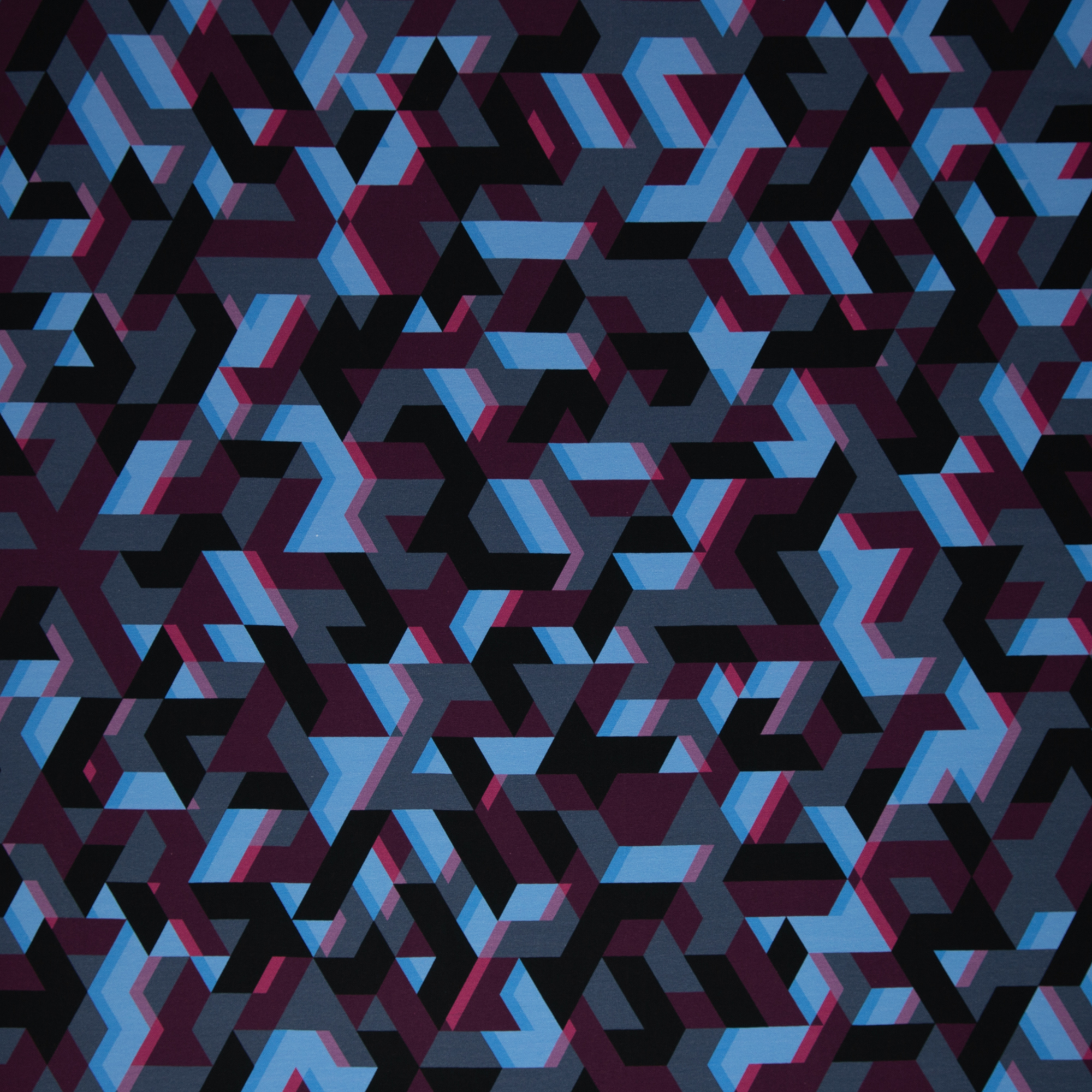 French Terry met blauw geometrisch patroon