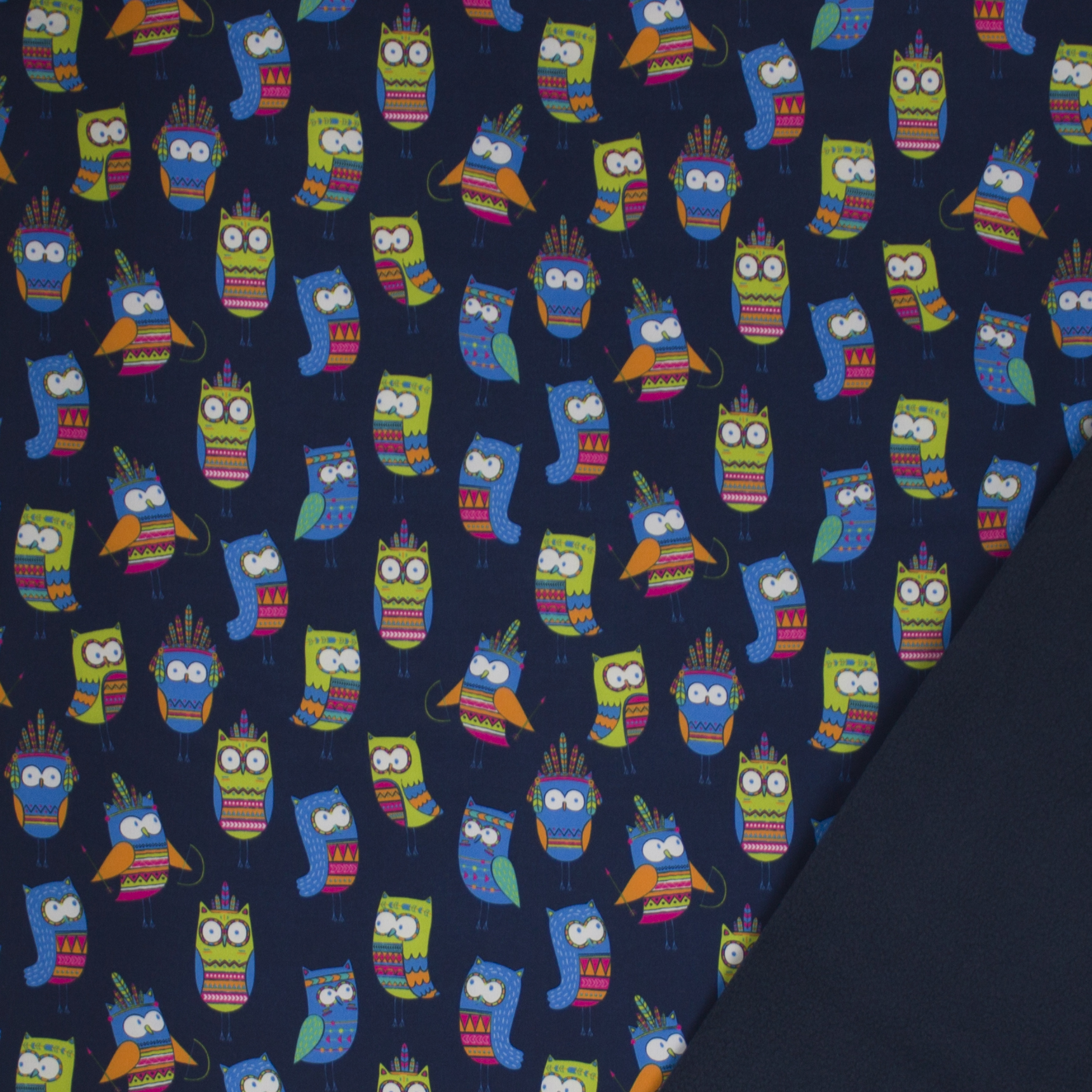 softshell donkerblauw met uiltjes, fleece achterkant