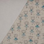 Beige gemêleerde sweaterstof met ballerina muisjes, wit pelsje aan de achterzijde