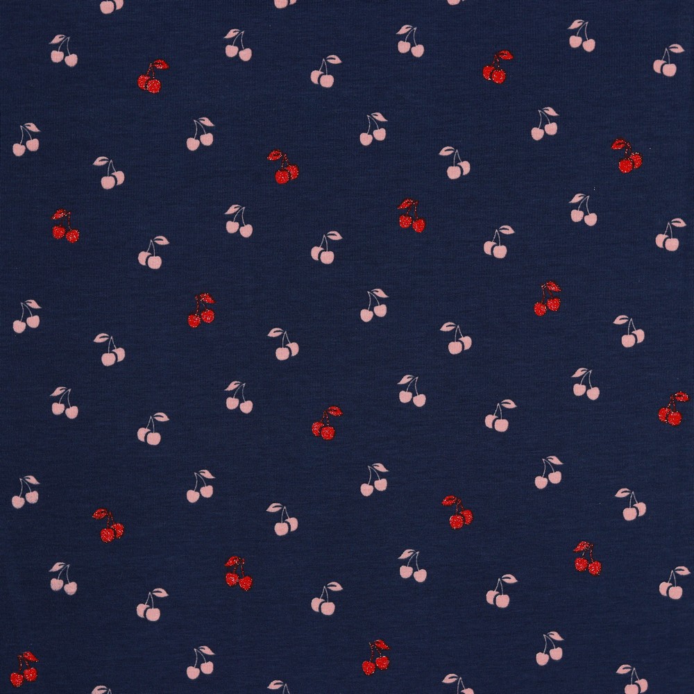 Blauwe tricot met kersjes en glitter van Poppy