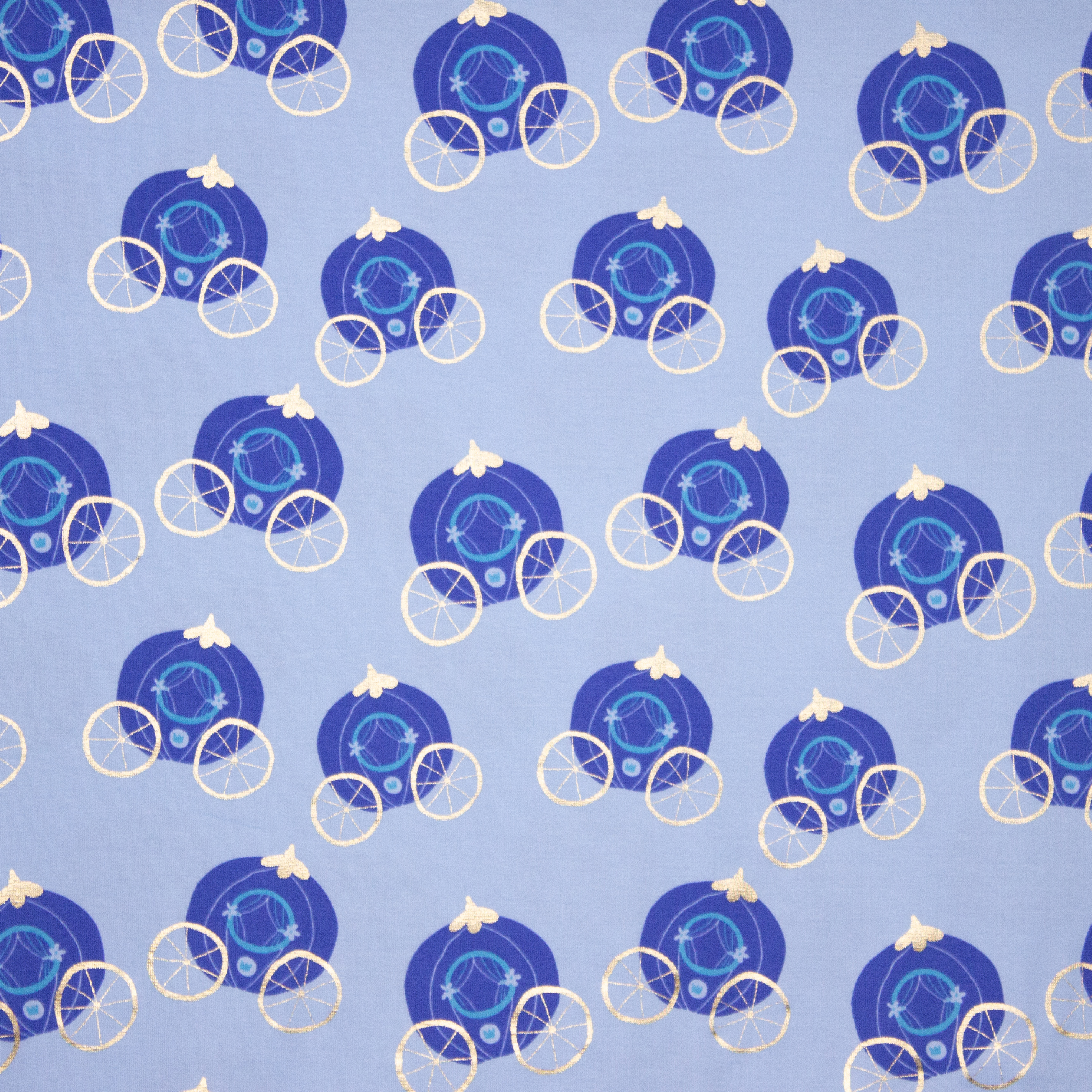 Blauwe tricot met pompoenkoetsen in blauw en goud