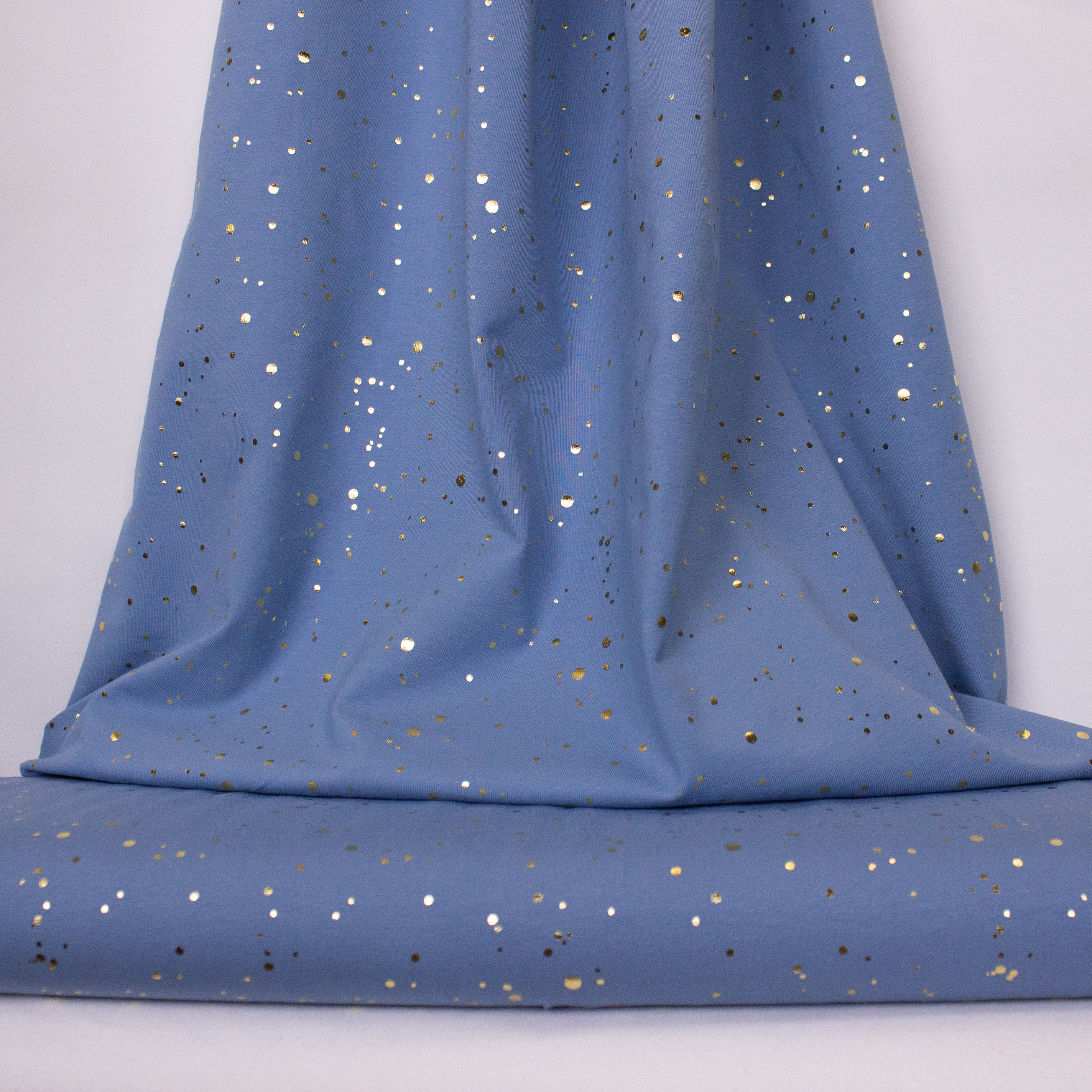 Blauwe Katoen Tricot met Gouden Stippen
