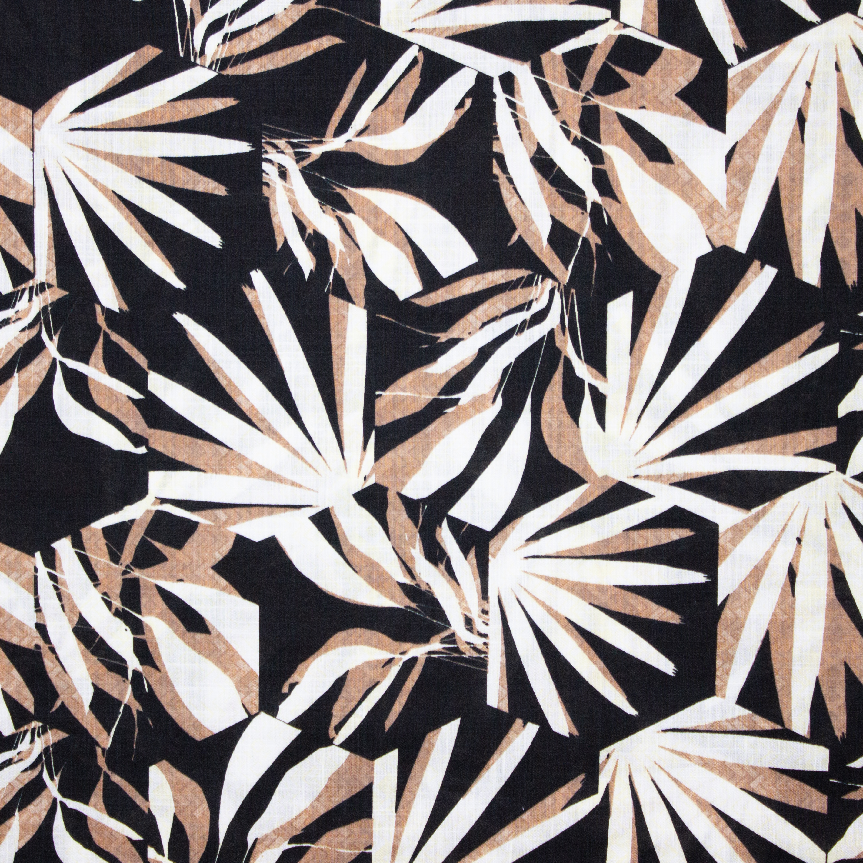 Zwarte Viscose Katoen met Wit/Bruin Bladpatroon van My Image