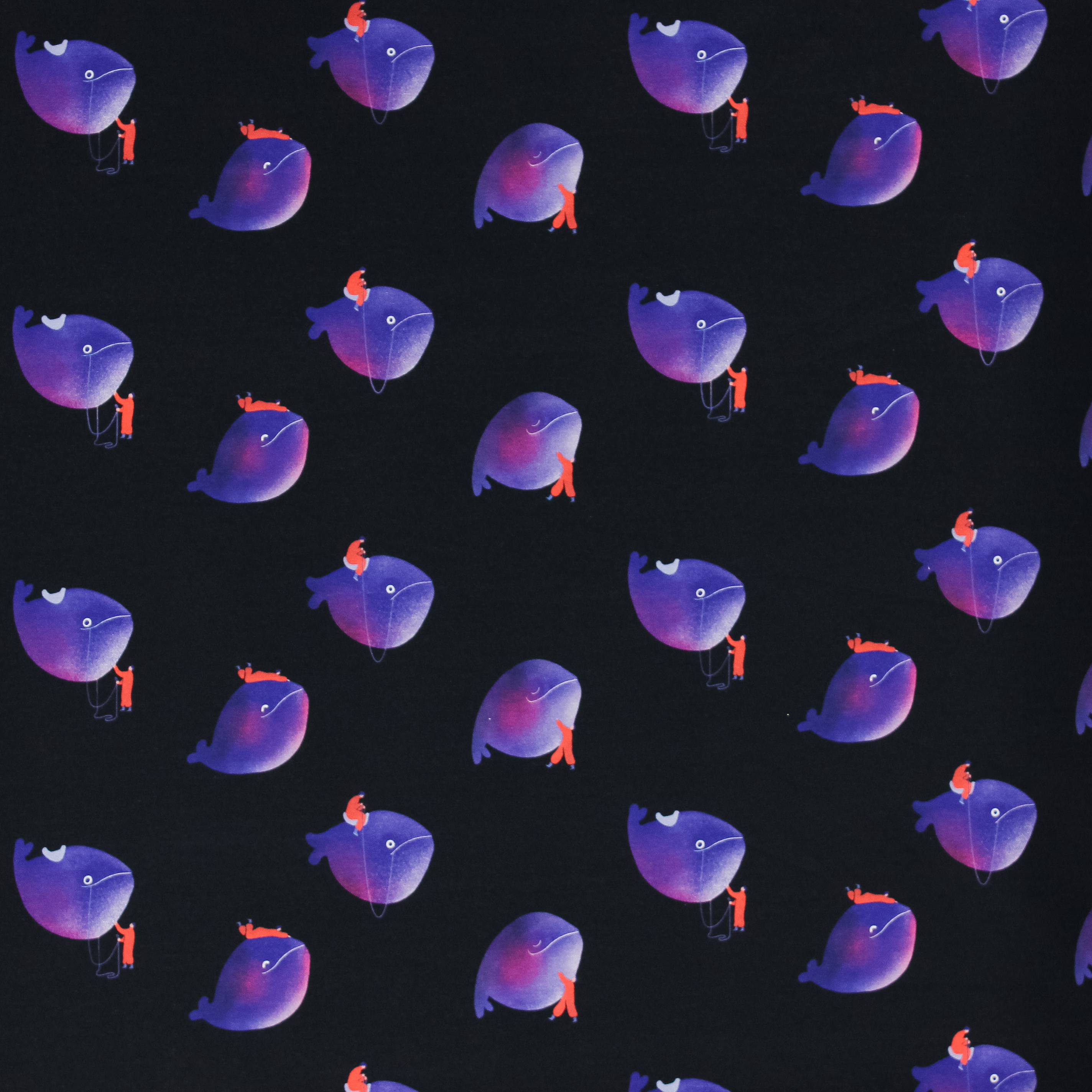 French terry zwart met paarse walvissen 'Whale Riders' - Capsule Fabrics