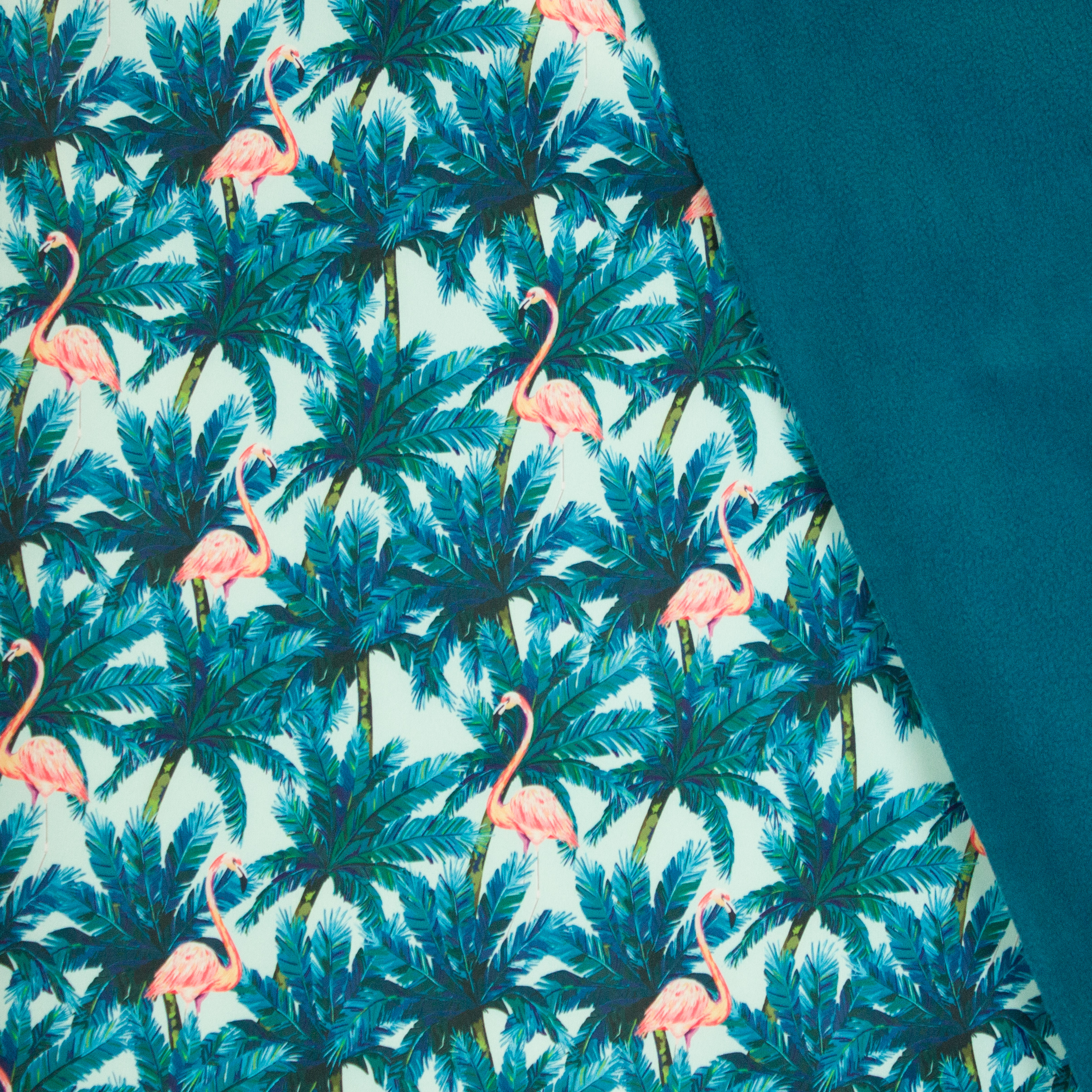 Munt softshell met palmbomen en flamingo's