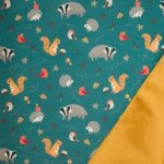 Petrol softshell in herfst thema met dieren, binnenkant oker pelsje