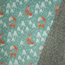 Petrol gemeleerde sweaterstof met vosjes en bomen, achterkant grijs pelsje