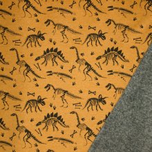 Oker gemêleerde sweaterstof met dino skeletten, achterkant grijs pelsje