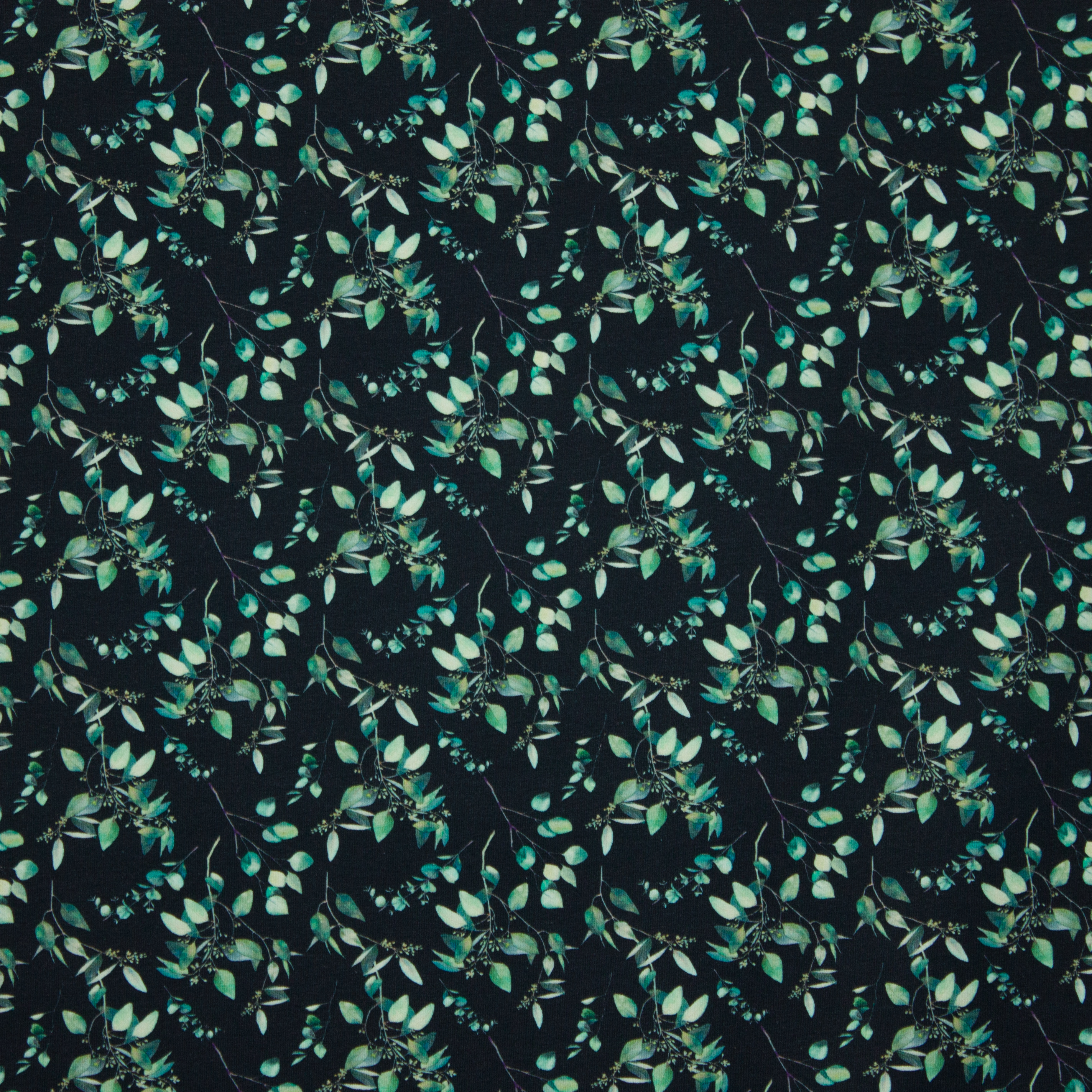 Zwarte Tricot met Groene Takjes en Blaadjes