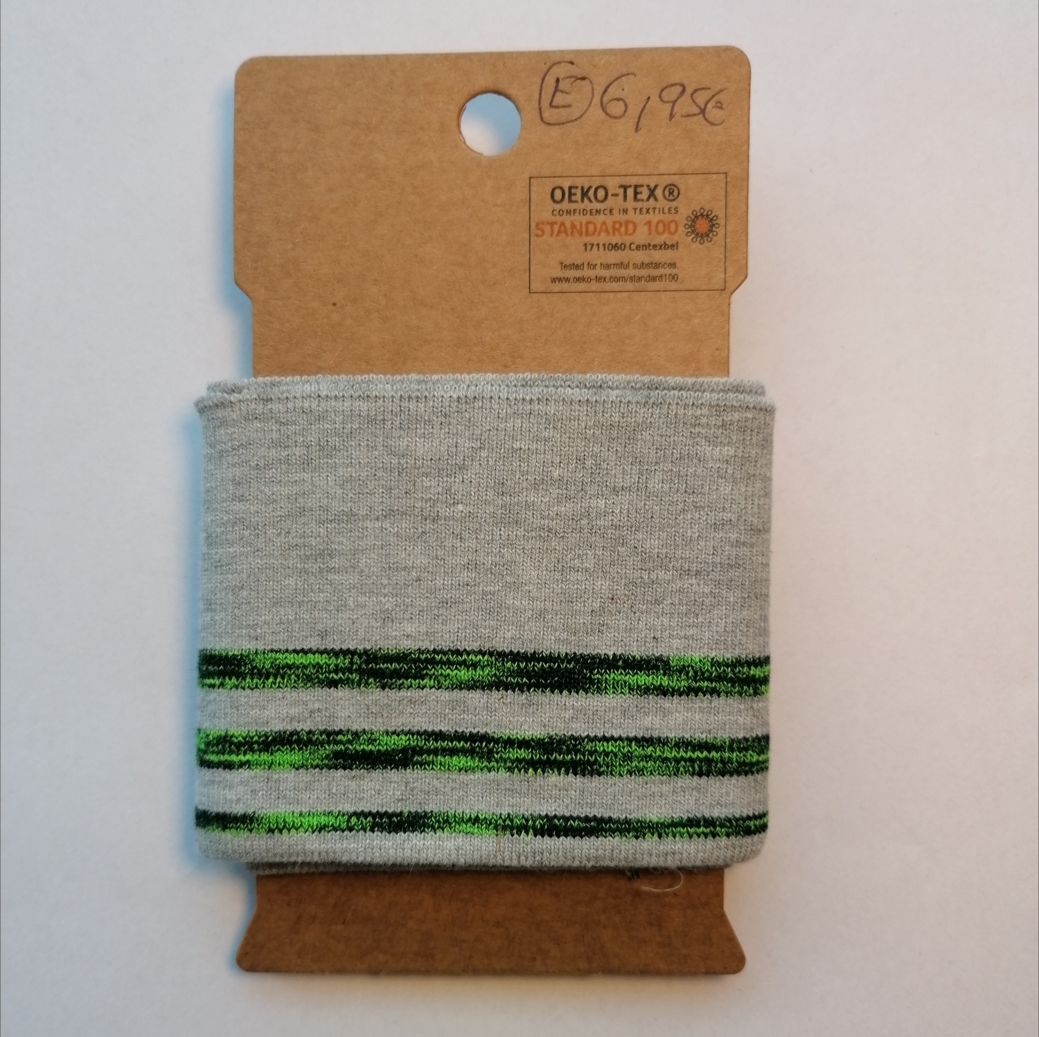 Grijze cuff (boordstof) met fluo groene/zwarte strepen