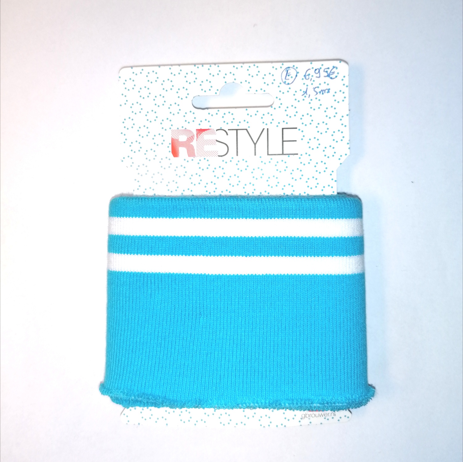 Turquoise cuff (boordstof) met witte strepen